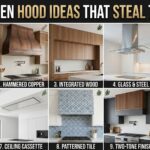 A stunning custom plaster kitchen hood in a warm neutral kitchen with matte black hardware and wood accents.