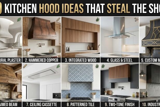 A stunning custom plaster kitchen hood in a warm neutral kitchen with matte black hardware and wood accents.