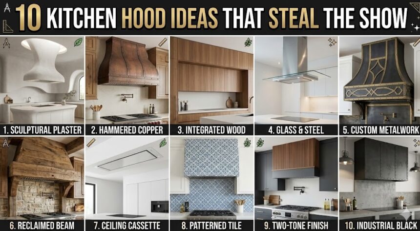 A stunning custom plaster kitchen hood in a warm neutral kitchen with matte black hardware and wood accents.