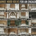 A modern farmhouse kitchen featuring white shaker cabinets and a custom tapered light-oak wood range hood.