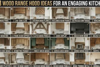 A modern farmhouse kitchen featuring white shaker cabinets and a custom tapered light-oak wood range hood.