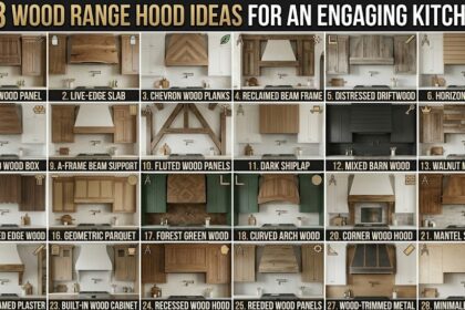 A modern farmhouse kitchen featuring white shaker cabinets and a custom tapered light-oak wood range hood.