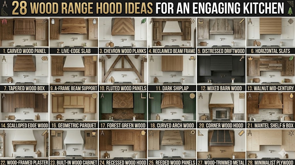 A modern farmhouse kitchen featuring white shaker cabinets and a custom tapered light-oak wood range hood.