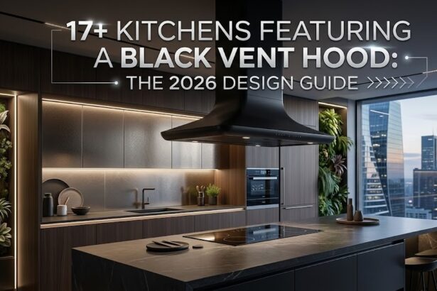 A modern kitchen featuring a bold matte black vent hood against a white tile backsplash with gold hardware accents.
