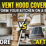 A beautiful DIY wooden shiplap vent hood cover in a modern farmhouse kitchen.