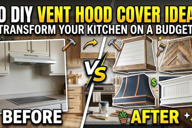 A beautiful DIY wooden shiplap vent hood cover in a modern farmhouse kitchen.