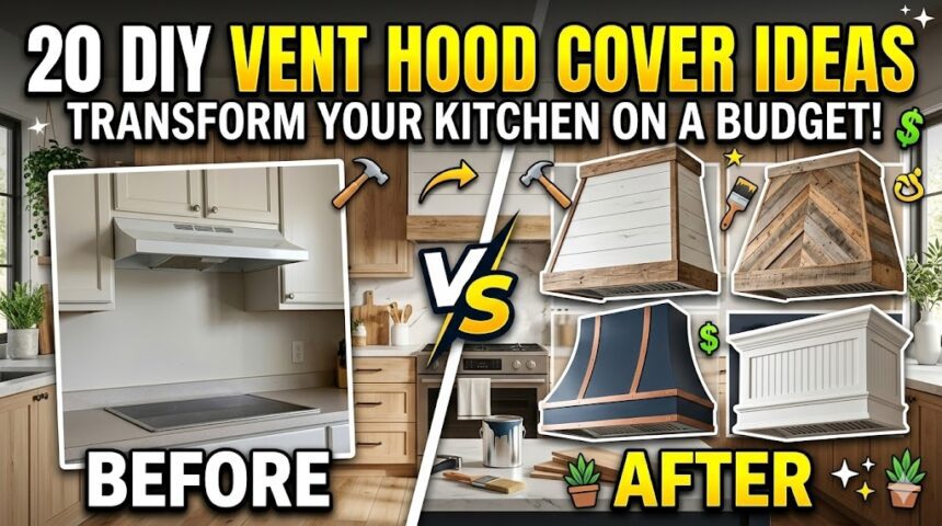 A beautiful DIY wooden shiplap vent hood cover in a modern farmhouse kitchen.