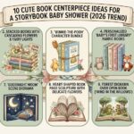 A beautiful baby shower centerpiece featuring a stack of vintage children's books topped with pink peonies and a gold rattle.