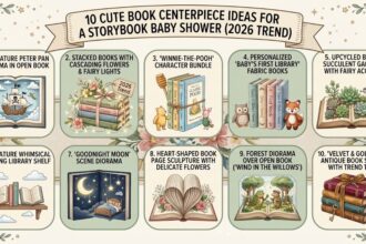 A beautiful baby shower centerpiece featuring a stack of vintage children's books topped with pink peonies and a gold rattle.