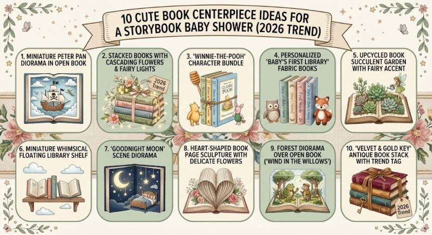 A beautiful baby shower centerpiece featuring a stack of vintage children's books topped with pink peonies and a gold rattle.