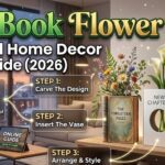 A finished DIY book flower vase made from an upcycled hardcover book, holding a bouquet of dried lavender.