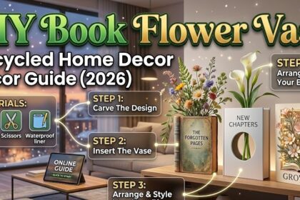 A finished DIY book flower vase made from an upcycled hardcover book, holding a bouquet of dried lavender.