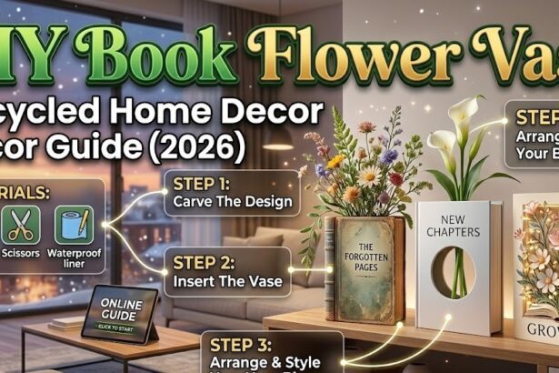 A finished DIY book flower vase made from an upcycled hardcover book, holding a bouquet of dried lavender.