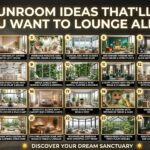 A bright sunroom featuring a cozy stone fireplace, natural wood ceiling beams, and lush greenery.