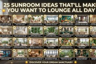 A bright sunroom featuring a cozy stone fireplace, natural wood ceiling beams, and lush greenery.