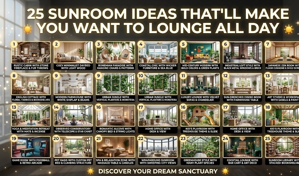 A bright sunroom featuring a cozy stone fireplace, natural wood ceiling beams, and lush greenery.