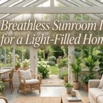 A bright, modern sunroom filled with lush tropical plants and a cozy reading nook.