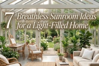 A bright, modern sunroom filled with lush tropical plants and a cozy reading nook.