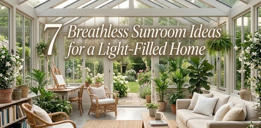 A bright, modern sunroom filled with lush tropical plants and a cozy reading nook.