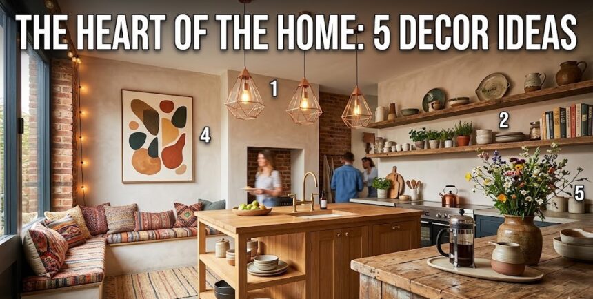 A digital split-screen displaying a rustic "Mummy Ka Dhaba" wooden sign and a modern kitchen with artificial vines and a stylish microwave cover.