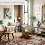 A digital flat-lay featuring a vintage brass gramophone, a dark amber glass vase, and a quirky black bulldog butler sculpture on a dark wooden surface.