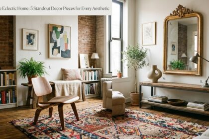 A digital flat-lay featuring a vintage brass gramophone, a dark amber glass vase, and a quirky black bulldog butler sculpture on a dark wooden surface.