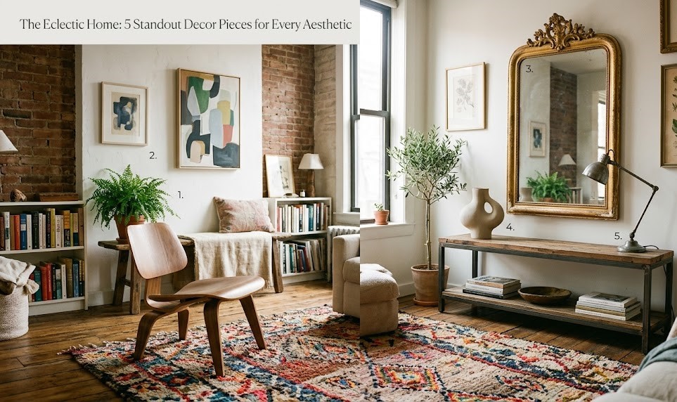 A digital flat-lay featuring a vintage brass gramophone, a dark amber glass vase, and a quirky black bulldog butler sculpture on a dark wooden surface.