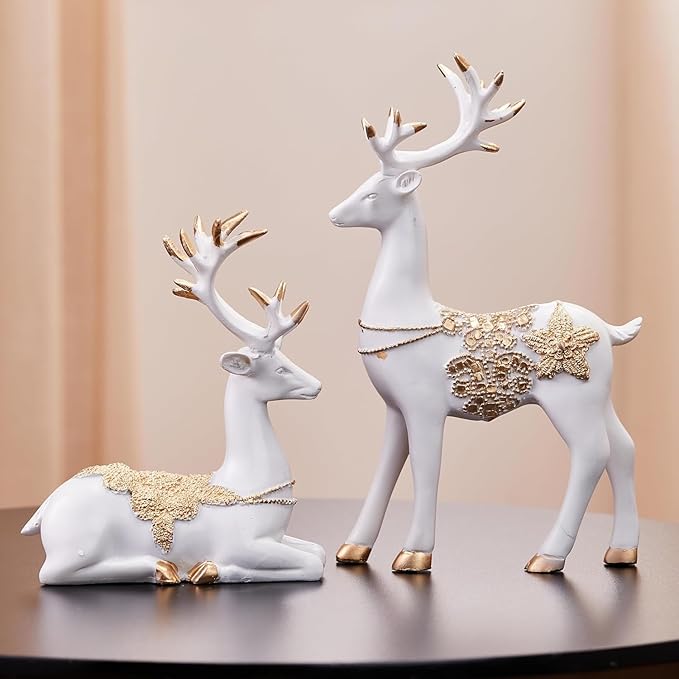 Resin Golden and White Reindeer Sculptures
