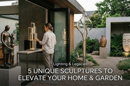 A professional digital flat-lay of a glowing jellyfish lamp, a metallic monkey tealight holder, and a minimalist "Love" candle statue on a marble surface.