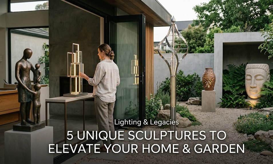 A professional digital flat-lay of a glowing jellyfish lamp, a metallic monkey tealight holder, and a minimalist "Love" candle statue on a marble surface.