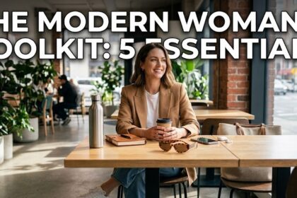 A digital flat-lay of a pearl necklace, a silk scrunchie, and a modern pink cramp relief massager on a minimalist desk background.