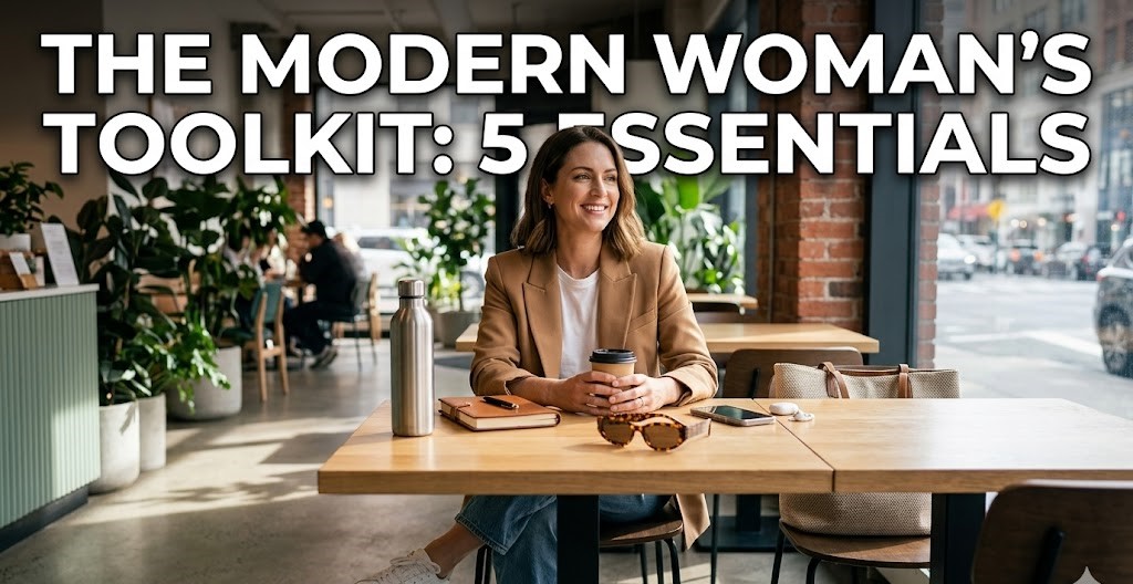 A digital flat-lay of a pearl necklace, a silk scrunchie, and a modern pink cramp relief massager on a minimalist desk background.