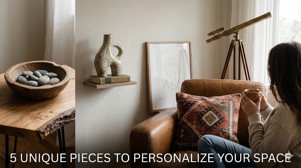 A digital flat-lay of a metallic peacock candle holder, a glowing silicone panda, and a golden reindeer statue on a minimalist desk.