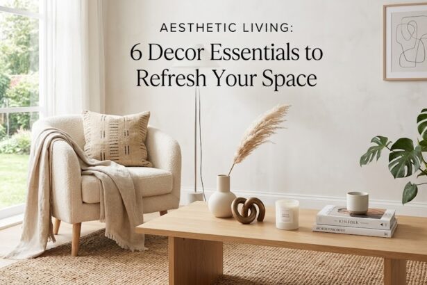 A beautifully styled living room featuring textured throw pillows, symmetrical ceramic table lamps, and delicate cherry blossom branches arranged in a tall floor vase.