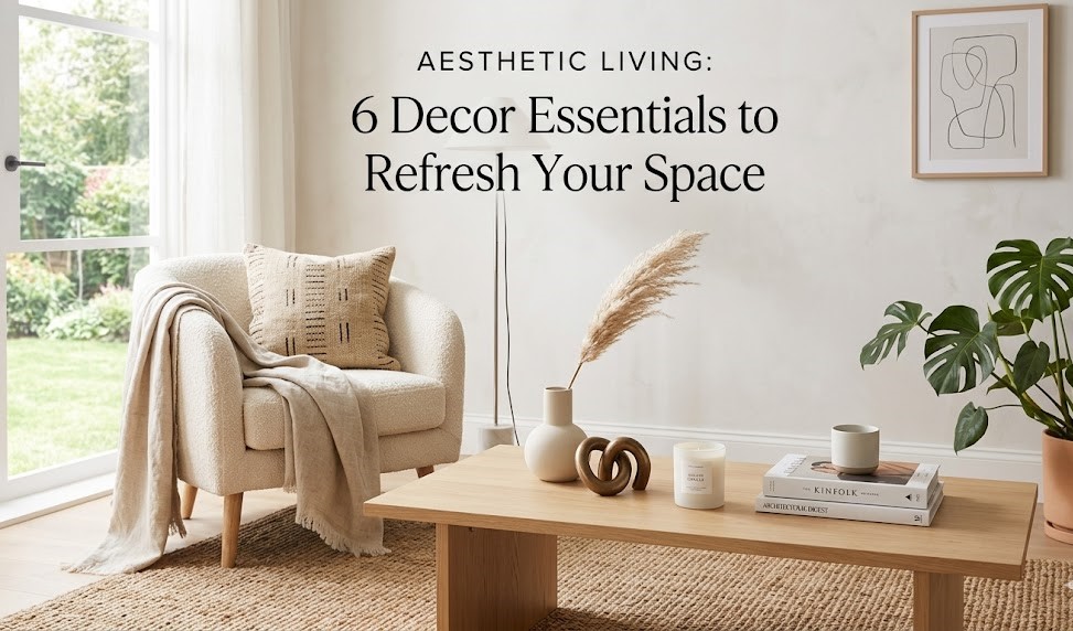 A beautifully styled living room featuring textured throw pillows, symmetrical ceramic table lamps, and delicate cherry blossom branches arranged in a tall floor vase.