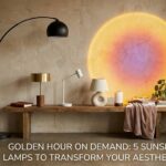 A highly aesthetic digital render of a dark room illuminated by a vibrant, warm orange sunset projector halo cast against a clean minimalist wall.