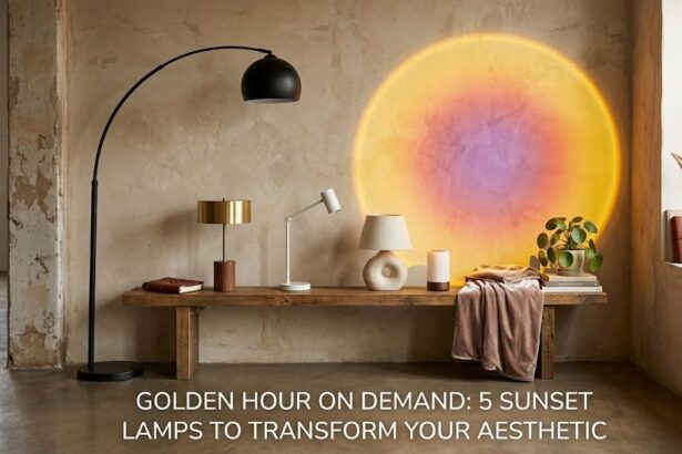 A highly aesthetic digital render of a dark room illuminated by a vibrant, warm orange sunset projector halo cast against a clean minimalist wall.