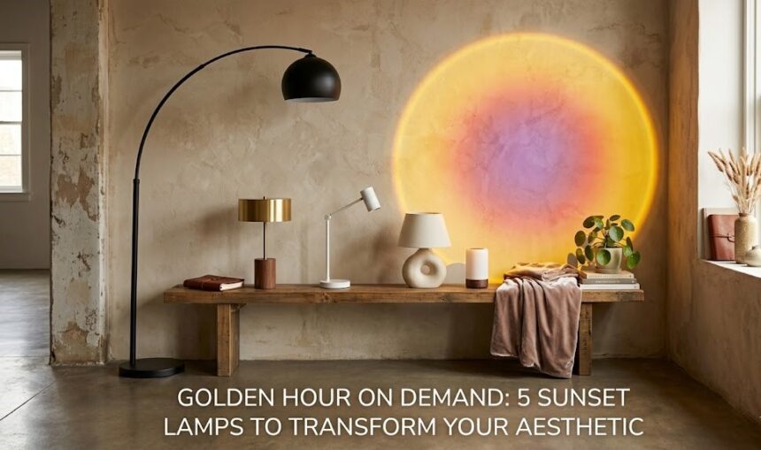 A highly aesthetic digital render of a dark room illuminated by a vibrant, warm orange sunset projector halo cast against a clean minimalist wall.