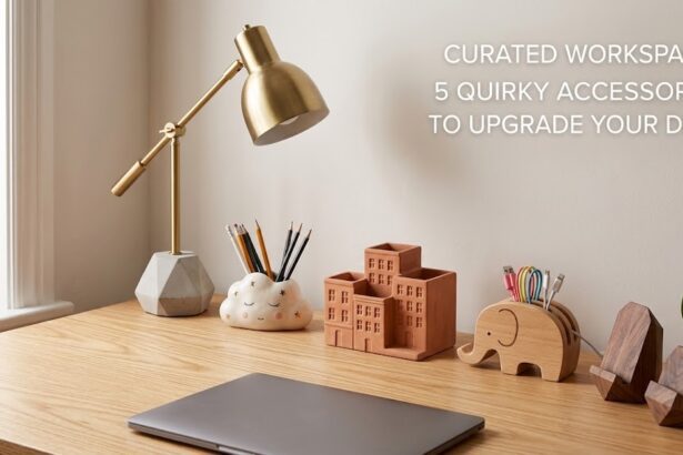 A digitally optimized, high-contrast flat lay featuring a 3D engraved moon paperweight, a quirky astronaut mug, and a sleek vertical pen organizer on a modern wooden desk.