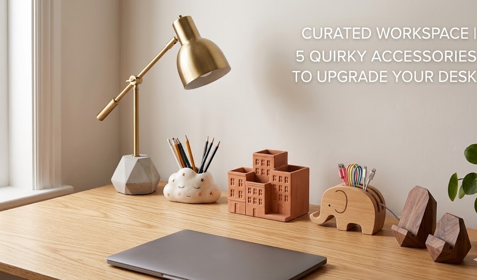 A digitally optimized, high-contrast flat lay featuring a 3D engraved moon paperweight, a quirky astronaut mug, and a sleek vertical pen organizer on a modern wooden desk.