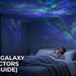 A digitally rendered aesthetic bedroom featuring a glowing nebula projection cast from a sleek astronaut figure resting on a modern floating shelf.