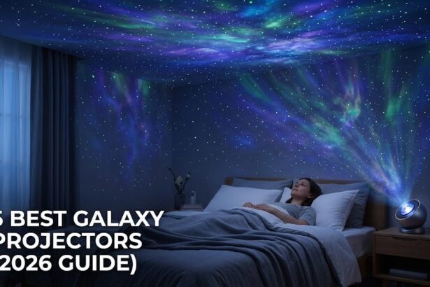 A digitally rendered aesthetic bedroom featuring a glowing nebula projection cast from a sleek astronaut figure resting on a modern floating shelf.