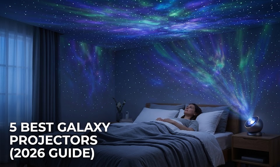 A digitally rendered aesthetic bedroom featuring a glowing nebula projection cast from a sleek astronaut figure resting on a modern floating shelf.