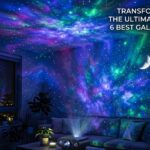 A 16:9 minimalist render of a dark room illuminated by a vibrant, 360-degree starry nebula projection, featuring a quirky astronaut sculpture on a sleek wooden desk.