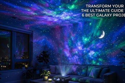 A 16:9 minimalist render of a dark room illuminated by a vibrant, 360-degree starry nebula projection, featuring a quirky astronaut sculpture on a sleek wooden desk.