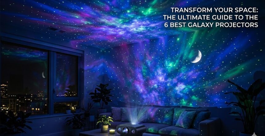 A 16:9 minimalist render of a dark room illuminated by a vibrant, 360-degree starry nebula projection, featuring a quirky astronaut sculpture on a sleek wooden desk.