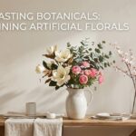 A highly curated interior space featuring a vibrant arrangement of lifelike artificial silk flowers resting in a sleek minimalist vase.