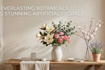 A highly curated interior space featuring a vibrant arrangement of lifelike artificial silk flowers resting in a sleek minimalist vase.