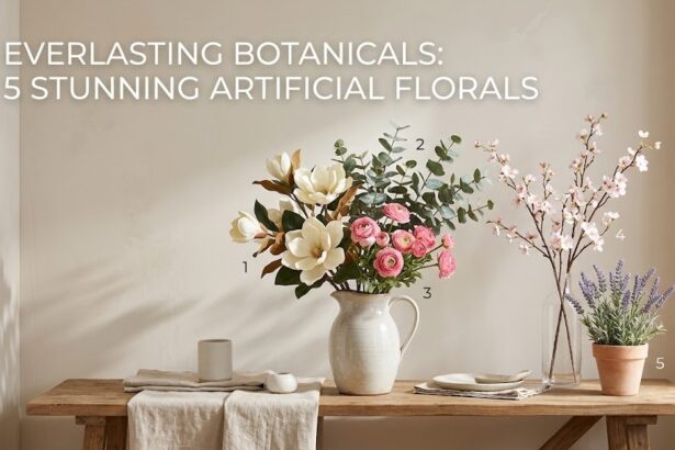 A highly curated interior space featuring a vibrant arrangement of lifelike artificial silk flowers resting in a sleek minimalist vase.