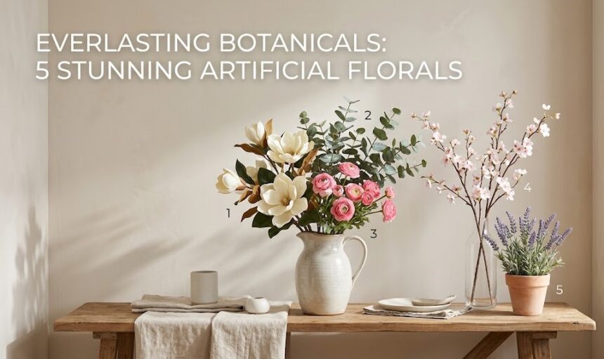 A highly curated interior space featuring a vibrant arrangement of lifelike artificial silk flowers resting in a sleek minimalist vase.